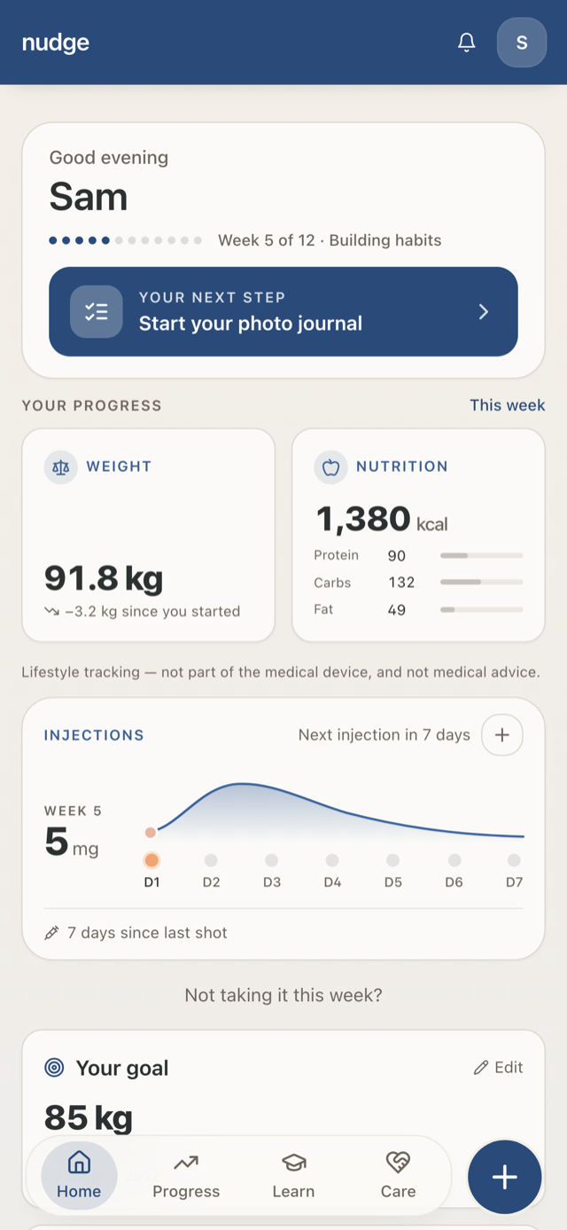 The nudge app home screen showing weekly progress, weight, nutrition and the injection cycle