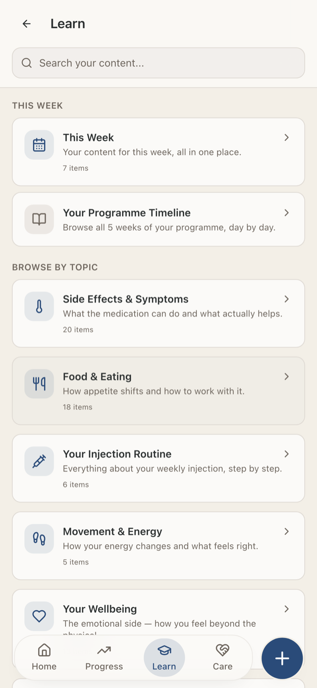 The nudge app Learn screen